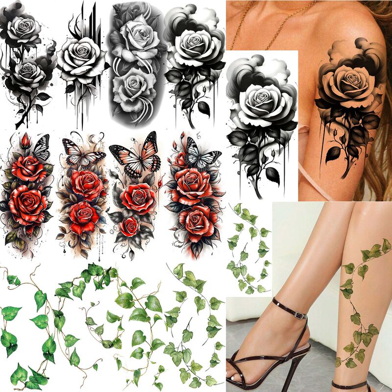 Cross-Border Instagram Rose Leaf High-End Tattoo Stickers Temporary Arm Tattoos European and American Style Valentine's Day Tattoo Cross-Border Instagram Rose Leaf High-End Tattoo Stickers Temporary Arm Tattoos European and American Style Valentine's Day Tattoo
