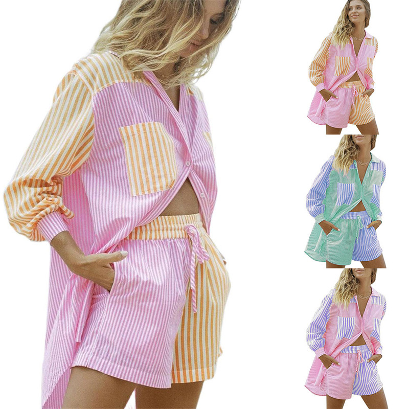 Cross-Border European and American Shirts Suit Shorts Lapel Single-Breasted Home Casual Striped Loose Pocket Women's Shirt Cross-Border European and American Shirts Suit Shorts Lapel Single-Breasted Home Casual Striped Loose Pocket Women's Shirt