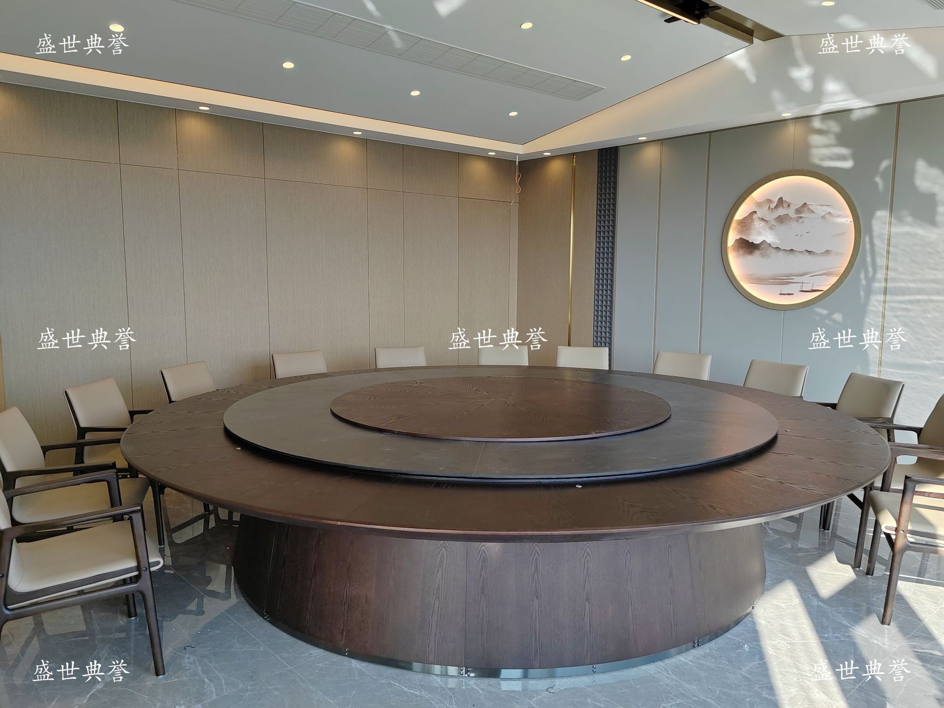 Zaozhuang hotel comedor muebles centro de convenciones caja de madera sólida mesa de comedor eléctrica silla club 20 personas mesa redonda eléctrica grande pic 10