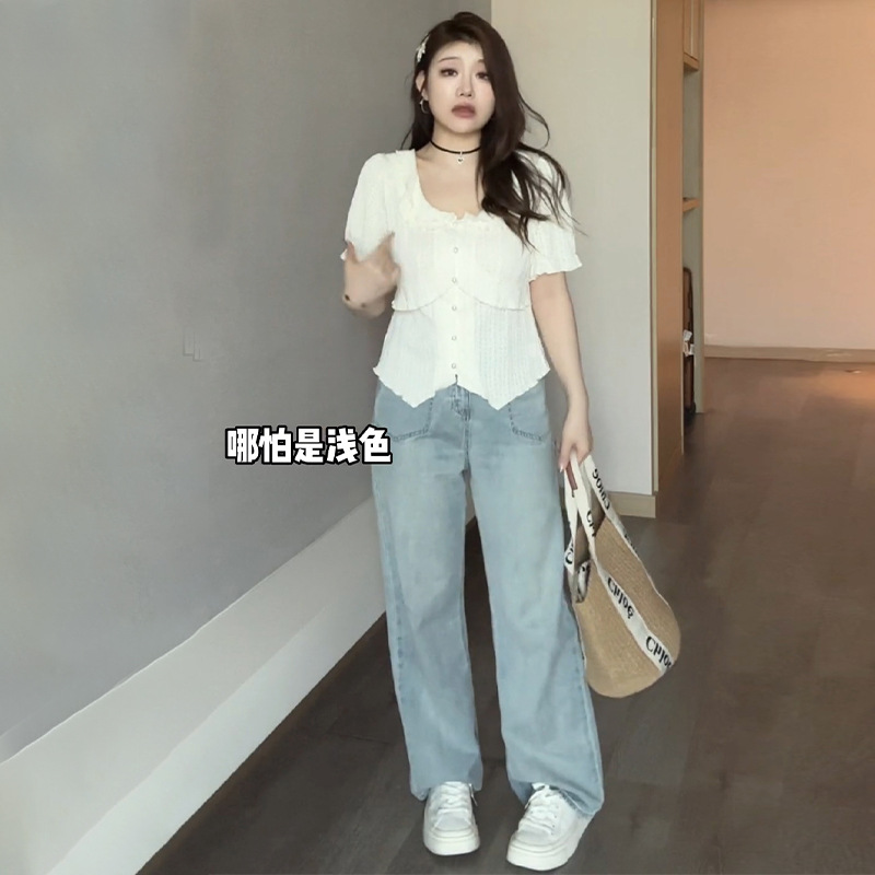 Large Size Chubby Girls Fashionable Stylish Belly Covering Chiffon Shirt Short-sleeved 2024 New Women's Age-reducing Slimming Lace Top for Summer