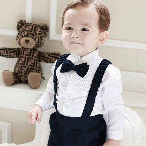 Cross-border spring and autumn new children's suit, boys 'suspenders, solid color long-sleeved bow tie, performance clothes, pleated children's wear on behalf