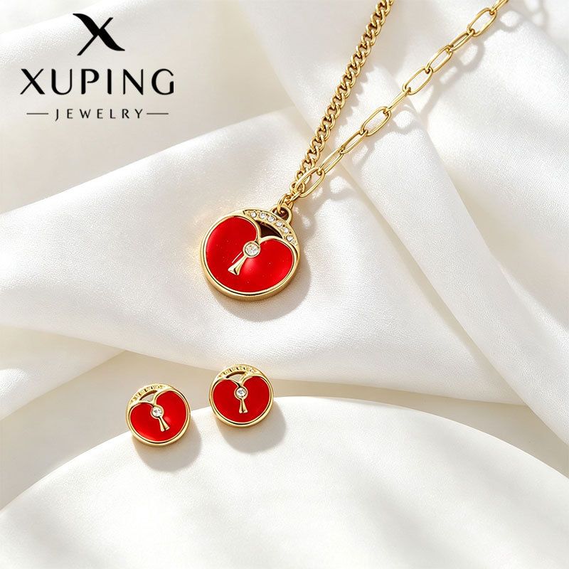 Xuping Nuevo Conjunto de Joyería de Moda de Acero Inoxidable con Diseño Exclusivo de Corazón Rojo y Candado, Collar y Pendientes de 14k.