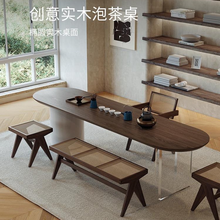 Wabi-Sabi Style Tea Table with Solid Wood Office Tea Room Zen Large Slab Table, New Chinese Style Tea Table and Chair Set