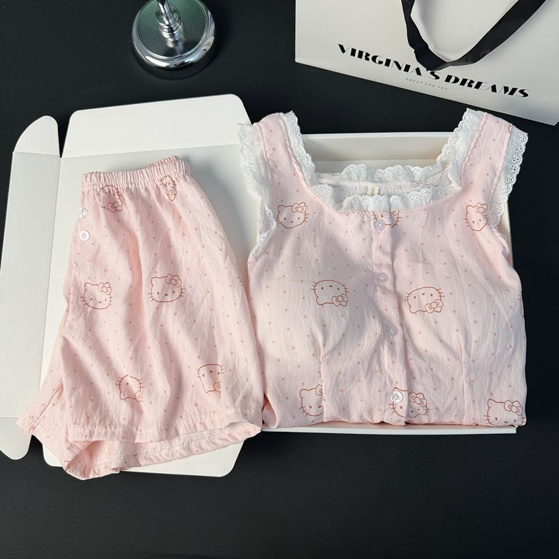 Verano cómodo nube algodón pijama de mujer impresión rosa pantalones cortos de mangas voladores con cojín de pecho dormitorio ropa casera