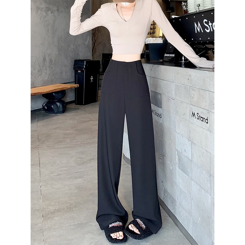 Pantalones de piernas anchas grises para mujeres 2025 primavera nueva cintura alta relajada relajada pantalones casuales rectos pantalones de traje estrechos