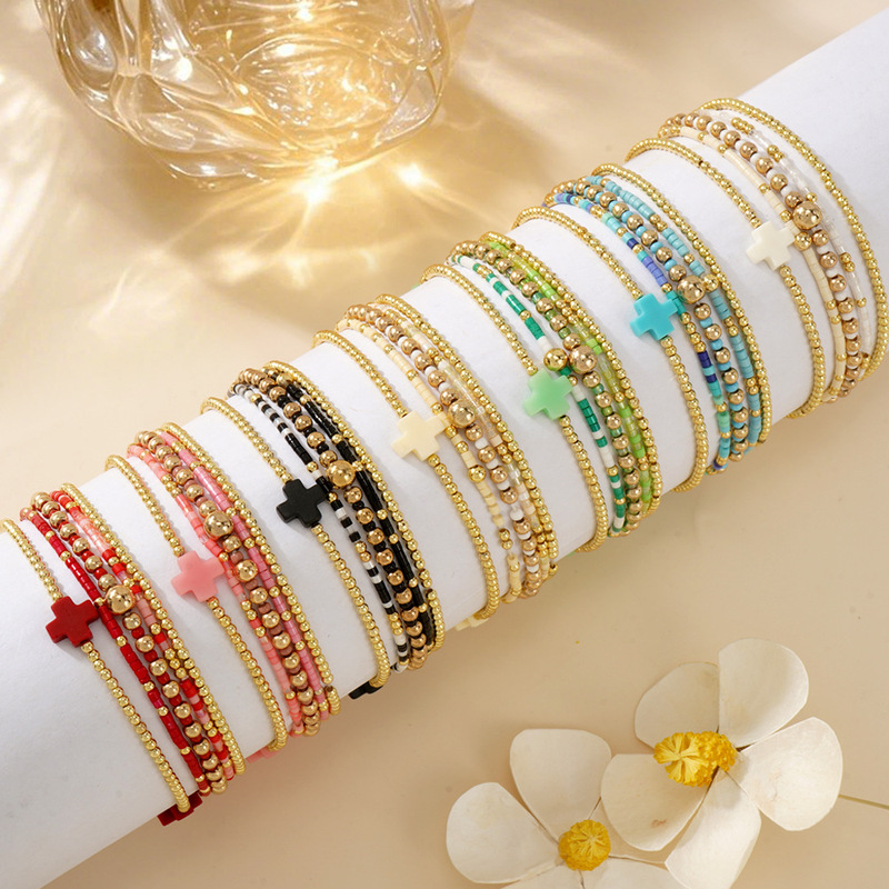 Cross-Border Hot Selling Ins Style Fashion Accessible Luxury Gold Bead Cross Set Bracelet Women's High-End Stacking Jewelry