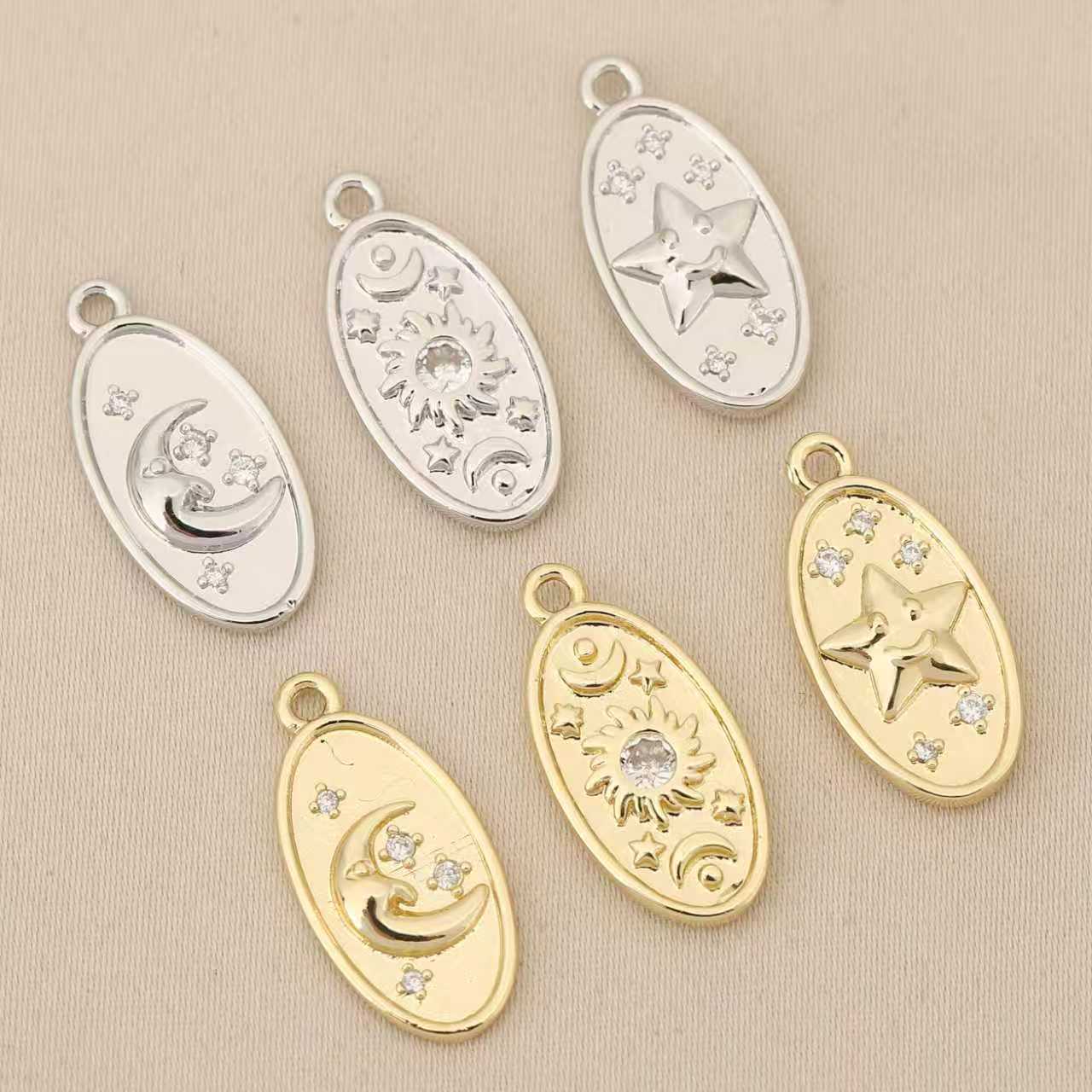 Liangfei Oval Casting Sun, Moon and Stars Pendant Copper Plated 18K Real Gold Star Moon Pendant DIY Jewelry Accessories