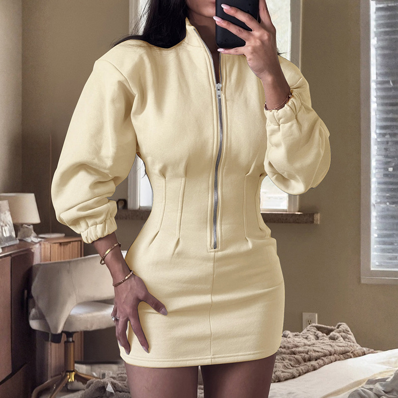 D25Ds466 European and American Women's Autumn and Winter New Pure Color Casual Stand-Up Collar Long-Sleeved Zipper Waist Sweatshirt Short Dress