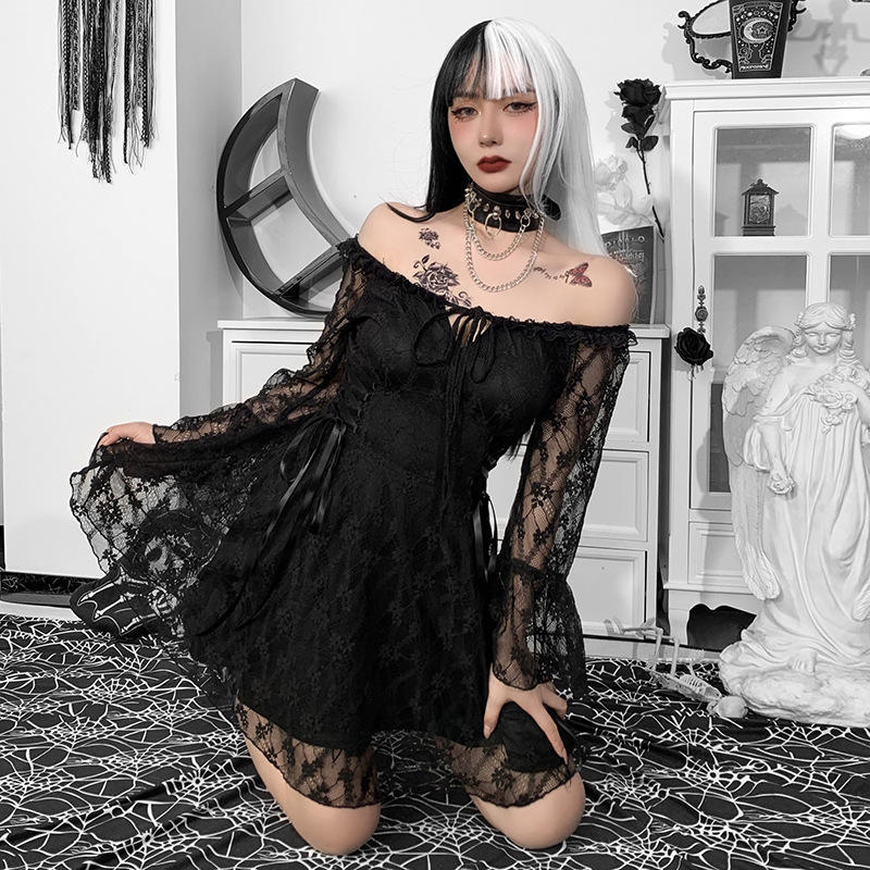 Lace Ruffled Long-Sleeved Diablo Style Dress NSGYB98922