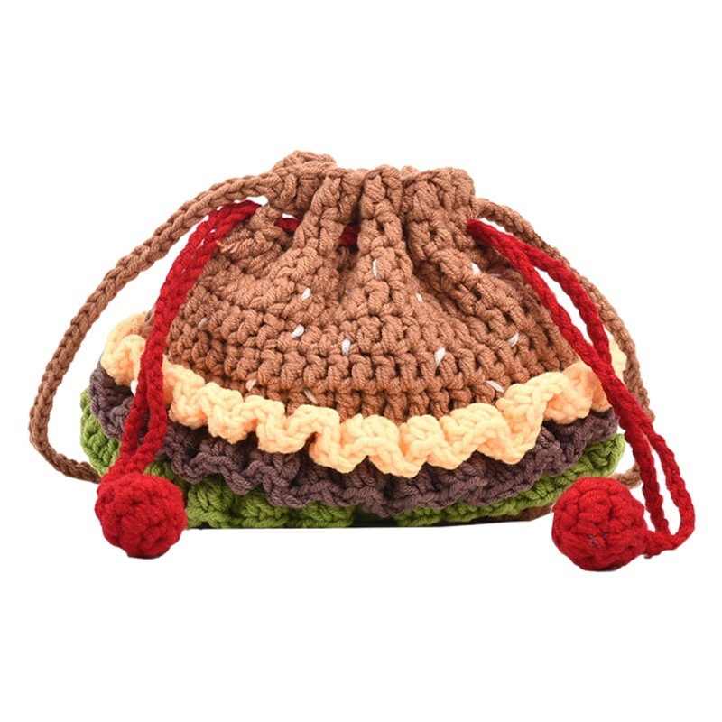 Nuevo terminado lindo hamburguesa cordón bolsa de moda creativa pequeños niños tejidos cubo bolsa de dibujos animados bolsa chica