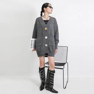 Rose Flower Button Knit Cardigan V-Neck Knit Sweater Autumn and Winter Women's Mid-Length Loose Mid-Length Sweater