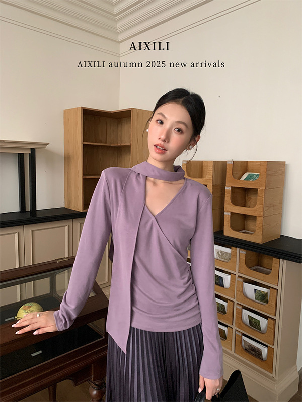 爱西里2025秋气质高级感v领交叉褶皱设计飘带针织衫长袖上衣15280|undefined