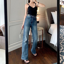 黄花瘦欧美新疆棉链条水洗微喇裤高腰无弹喇叭牛仔裤春季欧美风