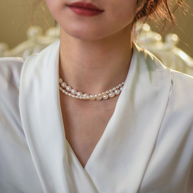French High-grade Natural Freshwater Pearl Necklace Female Double-layer Stacking Choker Necklace Style