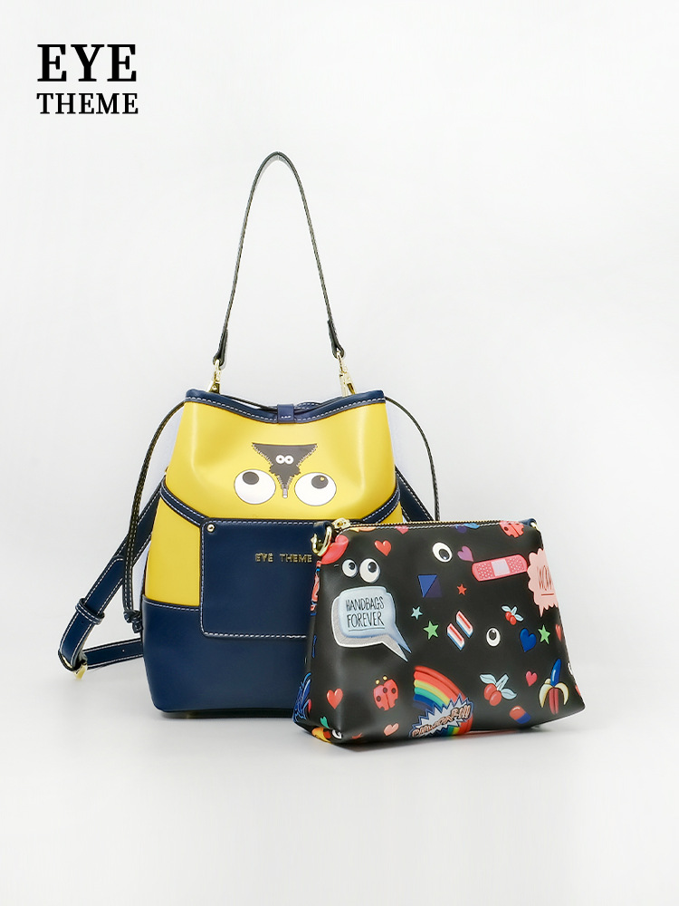 Emballado amarillo damas casuales nueva tendencia bolso de calle impresión inclinada extraña bolso de cubo 2658 #