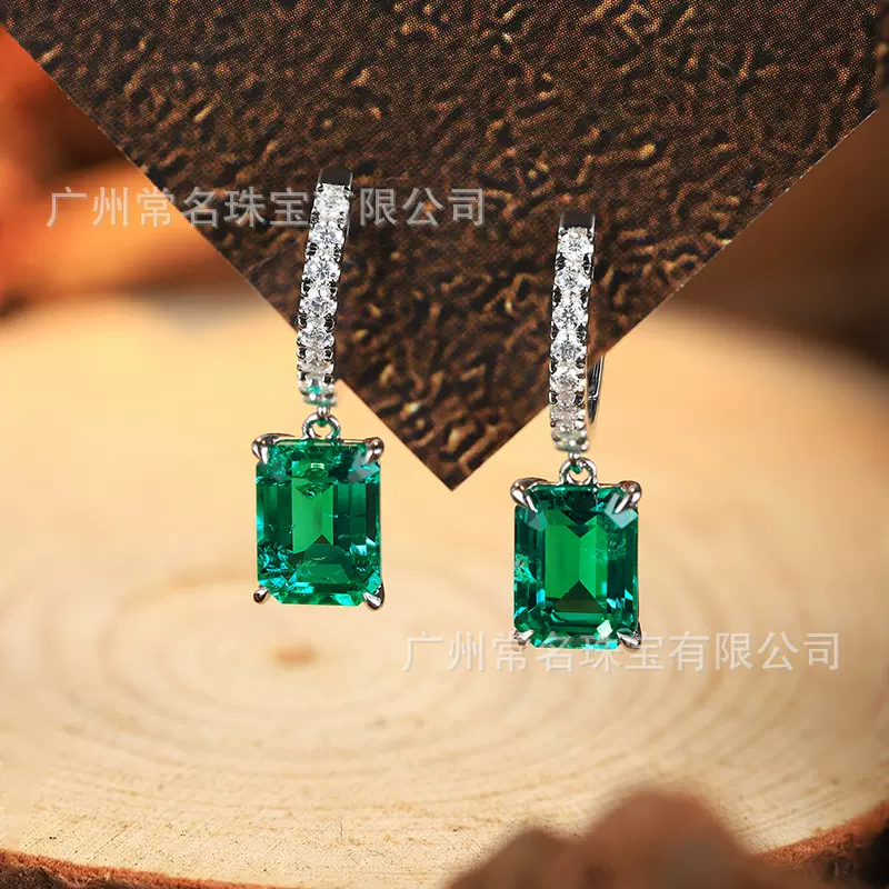 E099培育祖母绿宝石S925银镀白金2.75克拉高级感轻奢超闪复古耳环