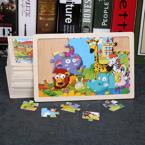 New children's animal cartoon plane puzzle log frame 96 pieces wooden puzzle early education wooden toys wholesale