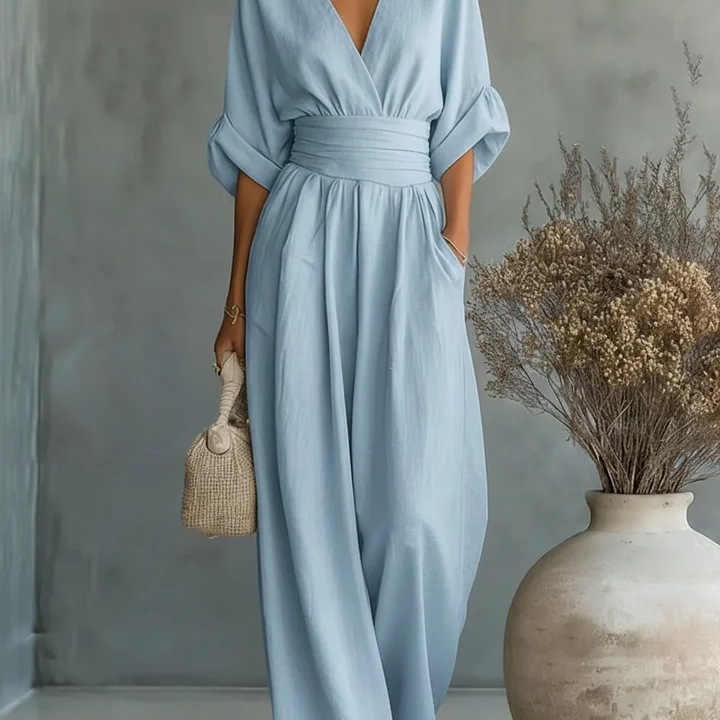 2026 European and American cross-border spring/summer new Amazon elegant waist-cinching V-neck stylish women's jumpsuit