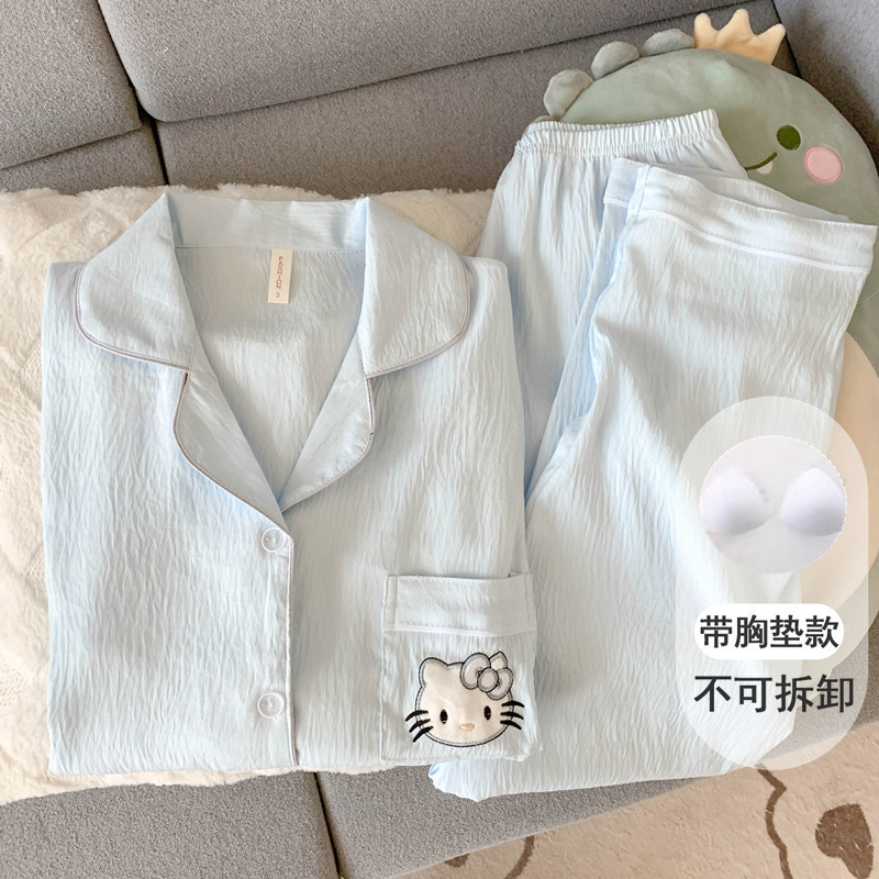 带胸垫可爱小狗云朵纯棉纱睡衣女款春秋季长袖学生少女家居服夏天|undefined