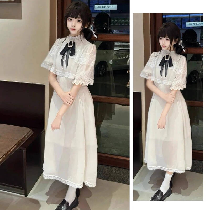 Japanese-Style Sweet Bow-Knot Cape Dress for Women, Summer 2025 New Model, Elegant Lace Patchwork Waist-Cinching Long Dress Japanese-Style Sweet Bow-Knot Cape Dress for Women, Summer 2025 New Model, Elegant Lace Patchwork Waist-Cinching Long Dress