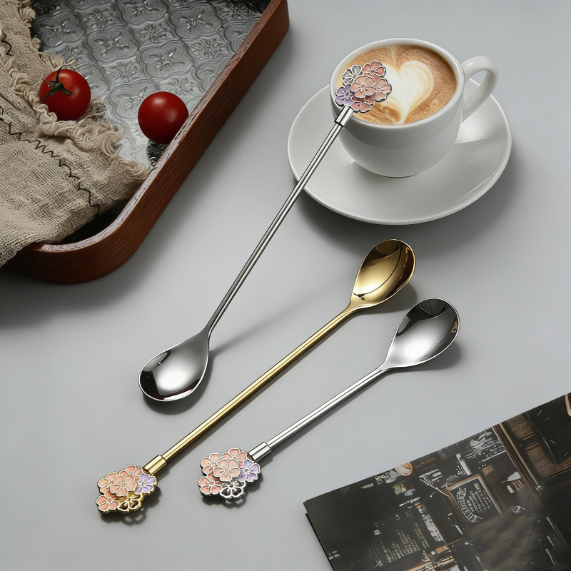 Japanese-style Cherry Blossom Stainless Steel Dessert Trendy Exquisite Lg-handled Stirring Spo, Household Coffee_voghion.com