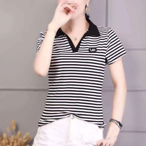 Ladies' Loose and Slim Fit Striped Polo Shirts V-Neck Half-Sleeve T-shirts Summer Top Mother's Outfit