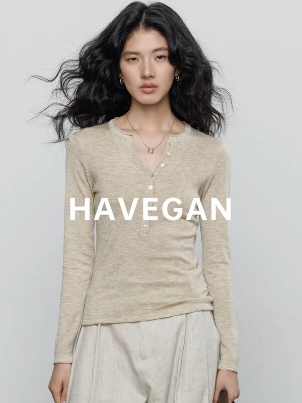 With HAVEGAN/Autumn Henley Collar Long Sleeve Knit T-Shirt for Women, Slimming Outerwear with Wool, Casual Top With HAVEGAN/Autumn Henley Collar Long Sleeve Knit T-Shirt for Women, Slimming Outerwear with Wool, Casual Top