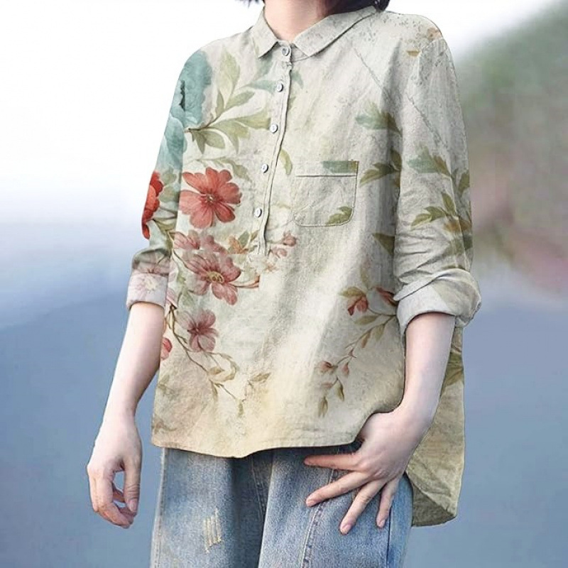Spot European and American Export New Casual Hawaiian Long-Sleeved Cross-Border Women's Long-Sleeved Shirts Cotton and Linen Large Size Tops