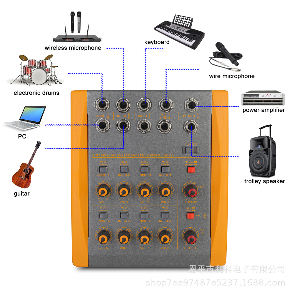 8通道音频混音器 低噪音立体声单声道切换 吉他/贝斯/键盘混音器