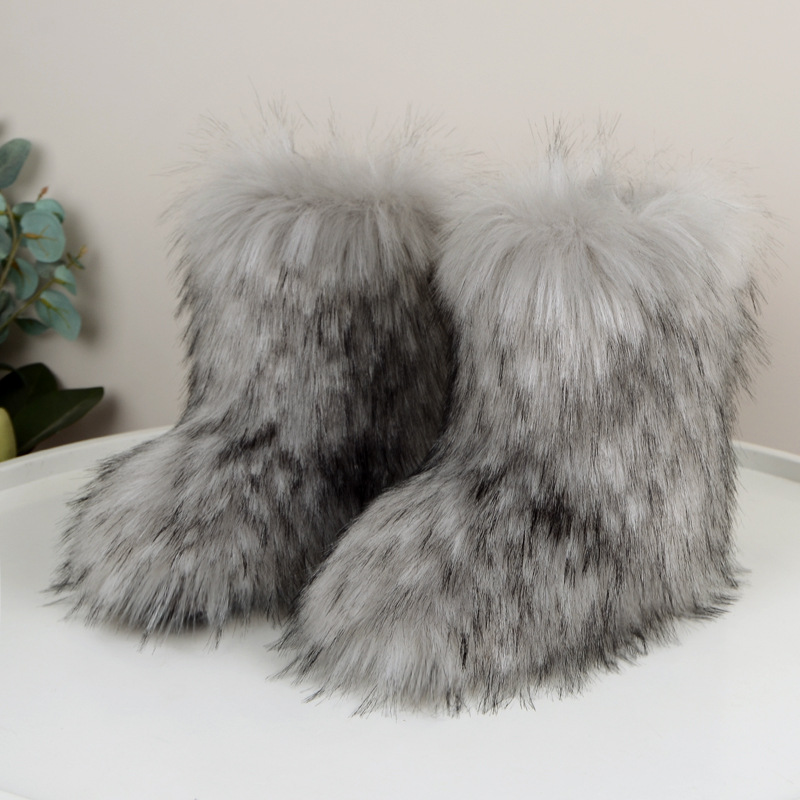 Europa y América transfronteriza nuevas botas de piel imitación de piel de zorro de mapache botas de nieve de invierno cálido engrosada botas de media pantorrilla