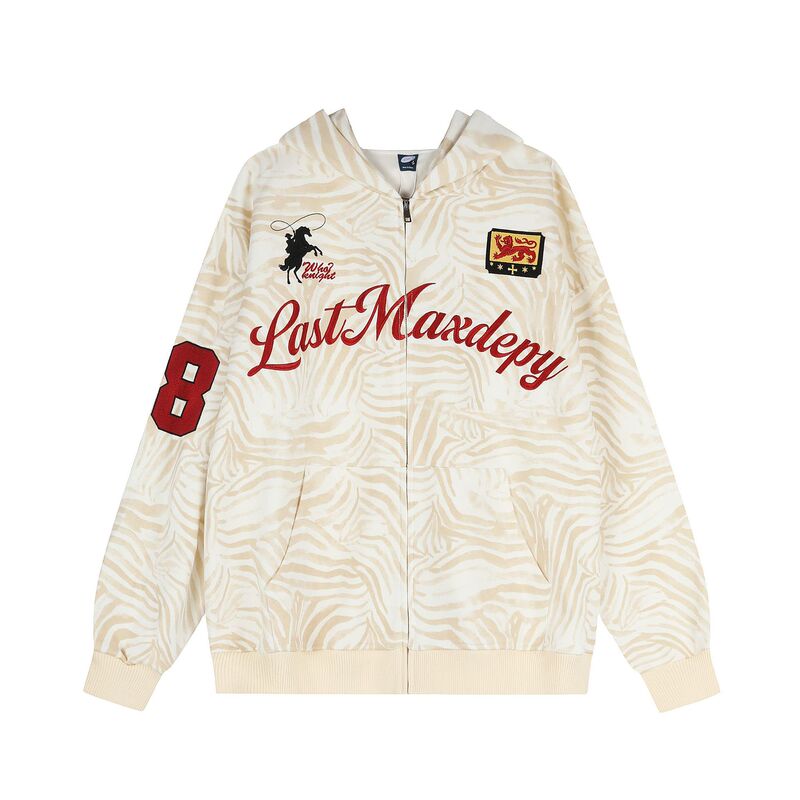 American retro zebra print all-over western horse embroidery loose hooded zip-up sweatshirt for women casual jacket American retro zebra print all-over western horse embroidery loose hooded zip-up sweatshirt for women casual jacket