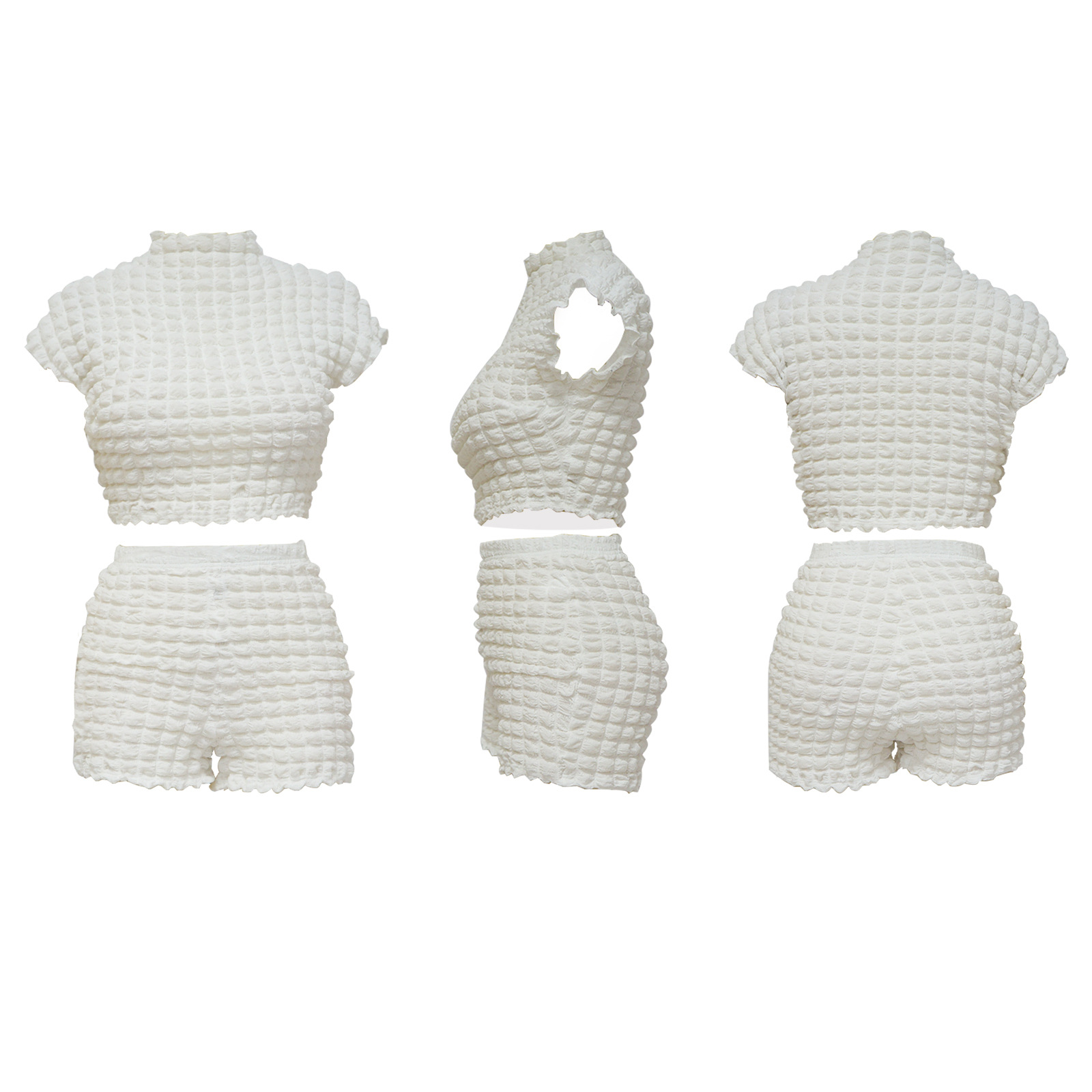 Women's Sleeveless Cropped Two Piece Set Bubble Popcorn Shorts_ecoleips.com