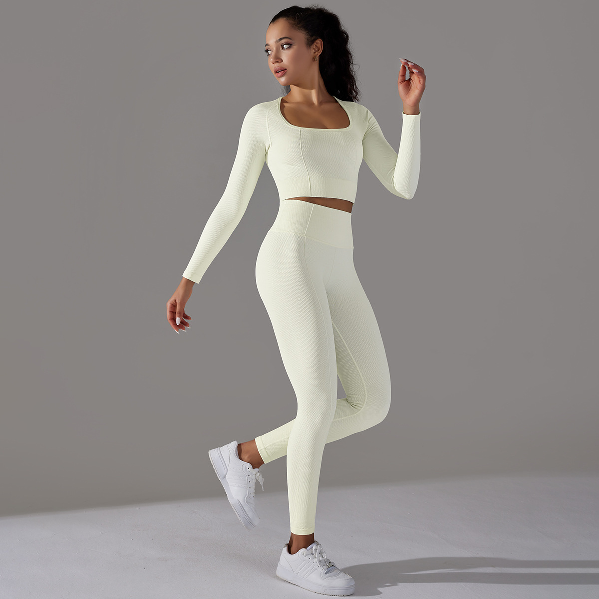 Rochie de yoga Jacquard pentru femei, cu mânecă lungă, talie înaltă, colanți de șold, îmbrăcăminte sport pentru fitness_voghion.com