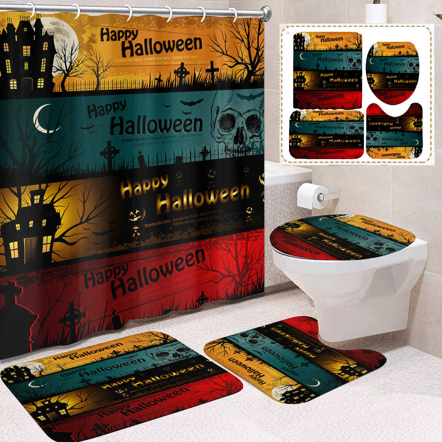 Ventas transfronterizas de Halloween cortina de baño cortina de noche terror impresión digital cortina de baño impermeable cortina de baño mayorista