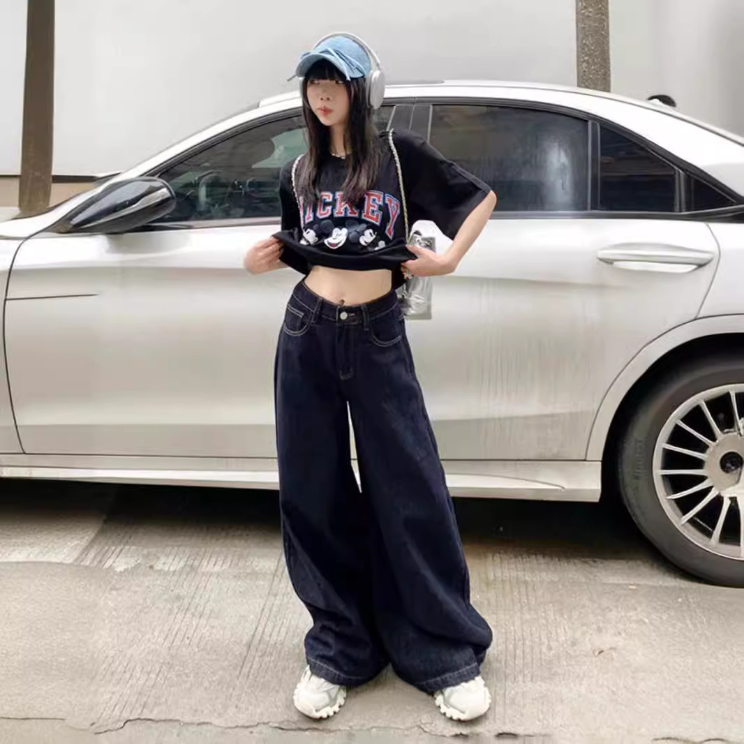다크 블루 미국식 느슨한 와이드 레그 청바지 여성 2024 년 여름 새로운 딥 게으른 캐주얼 스트레이트 팬츠