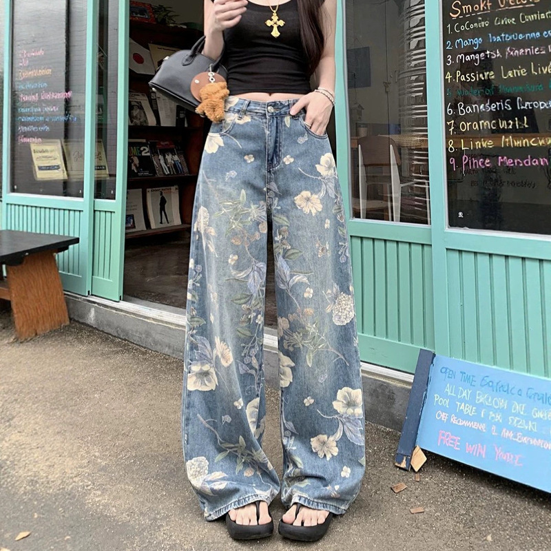 American-style floral print wide-leg jeans for petite women, high-waisted, slimming, drapey, floor-length straight wide-leg denim pants American-style floral print wide-leg jeans for petite women, high-waisted, slimming, drapey, floor-length straight wide-leg denim pants