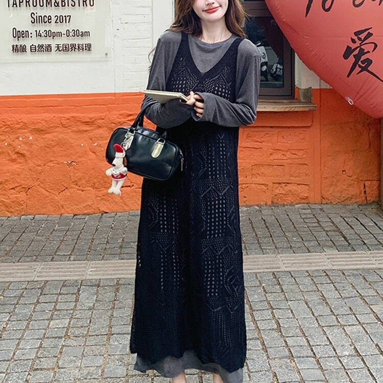 Early Autumn Vibe Outfit: Layered Hollow-Out Blouse Dress for Women, Korean Style, Lazy Loose Long Dress, Single Top Blouse Early Autumn Vibe Outfit: Layered Hollow-Out Blouse Dress for Women, Korean Style, Lazy Loose Long Dress, Single Top Blouse