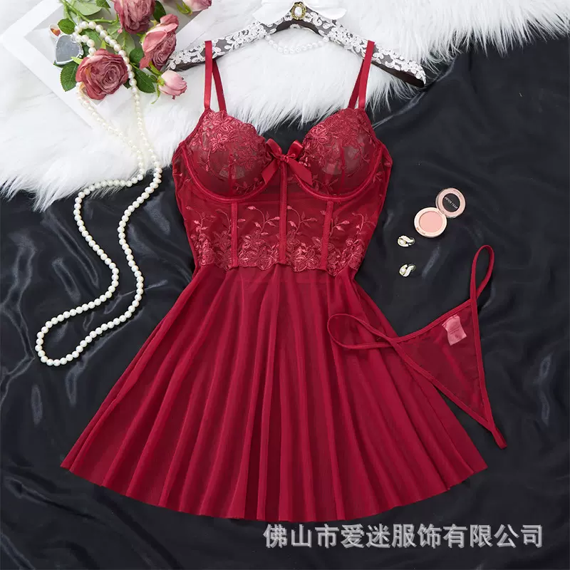 欧美2026新款蕾丝网纱拼接吊带睡裙纯欲哥特风情趣性感睡衣25045