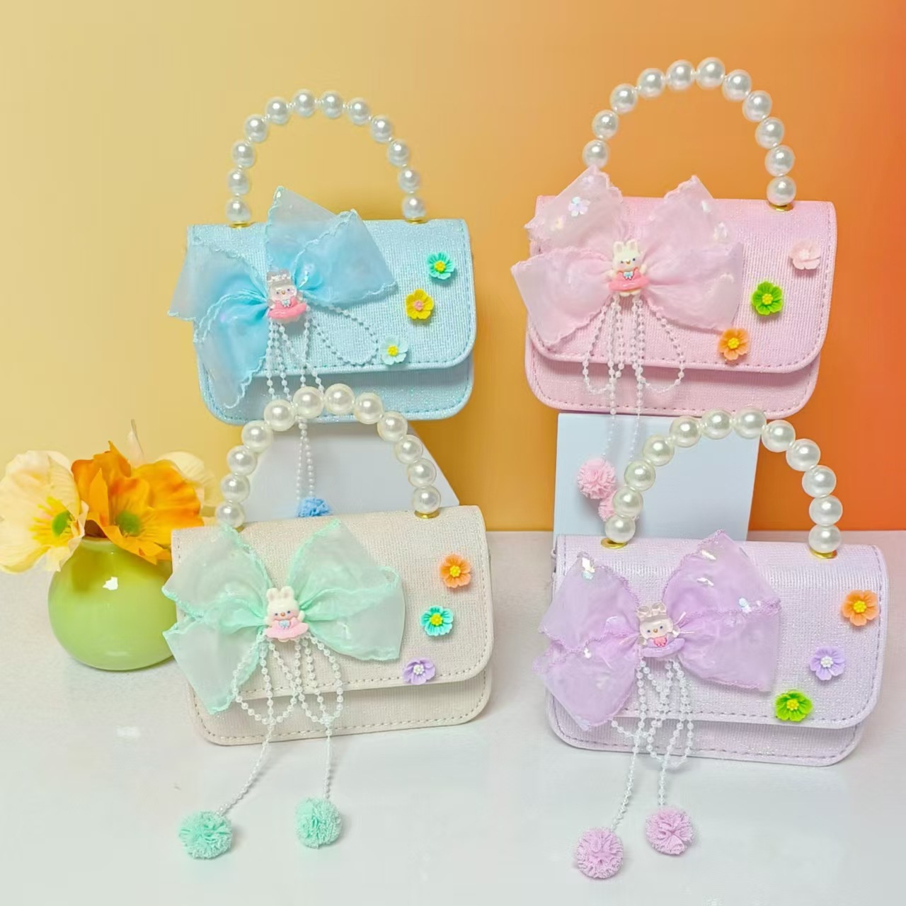 Bolso de perla de arco princesa hombro de hombro bolso de cambio accesorios para niñas pequeñas bolsas de cadena de viento para niños