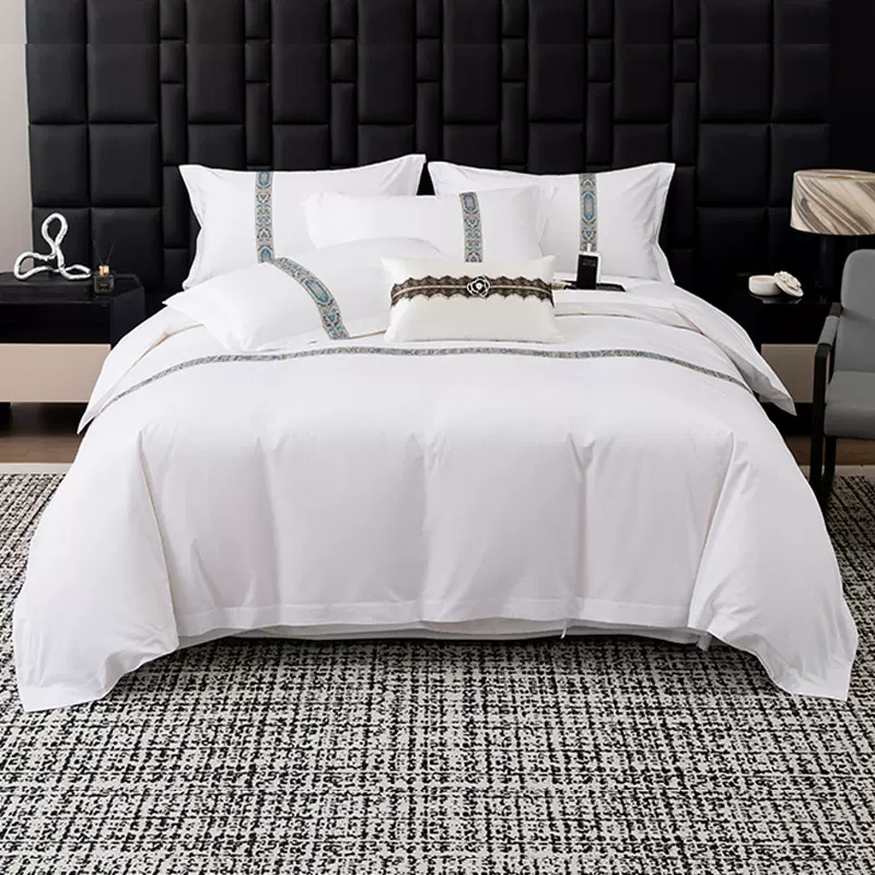 民宿床上用品四件套宾馆套件被套纯色织带床单酒店纯白三件套加厚