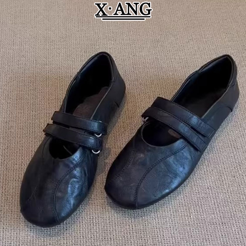 Sheepskin Soft-Soled Comfortable Women's Shoes, Ballet-Style Mary Jane Shoes with Velcro, German Training Shoes, Shallow Round-Toe Single Shoes