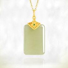 天然老料和田玉青玉无事牌吊坠正品S925银镶玉石挂件项链男士女款