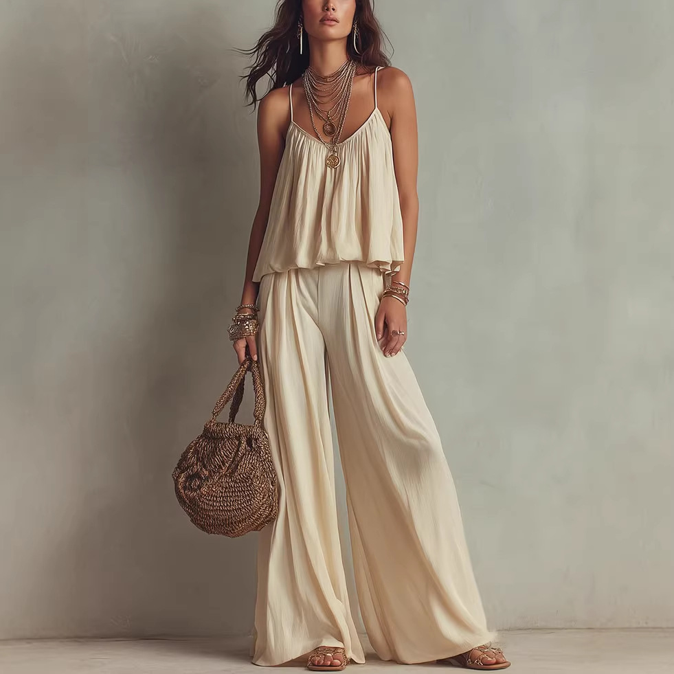 European and American Cross-Border Summer French-Style Simple Square-Neck Solid Color Camisole High-Waisted Versatile Wide-Leg Casual Pants Two-Piece Set