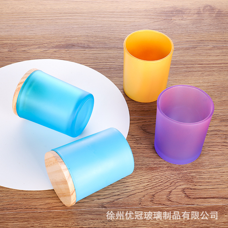 Vela simple taza con tapa contenedor de vidrio de color aromaterapia candelabro al por mayor vela de vidrio esmerilado taza vacía