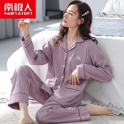 Pijamas de primavera y otoño de las mujeres más el tamaño % de algodón de manga larga traje de dos piezas Otoño e Invierno Delgado se puede usar fuera de casa