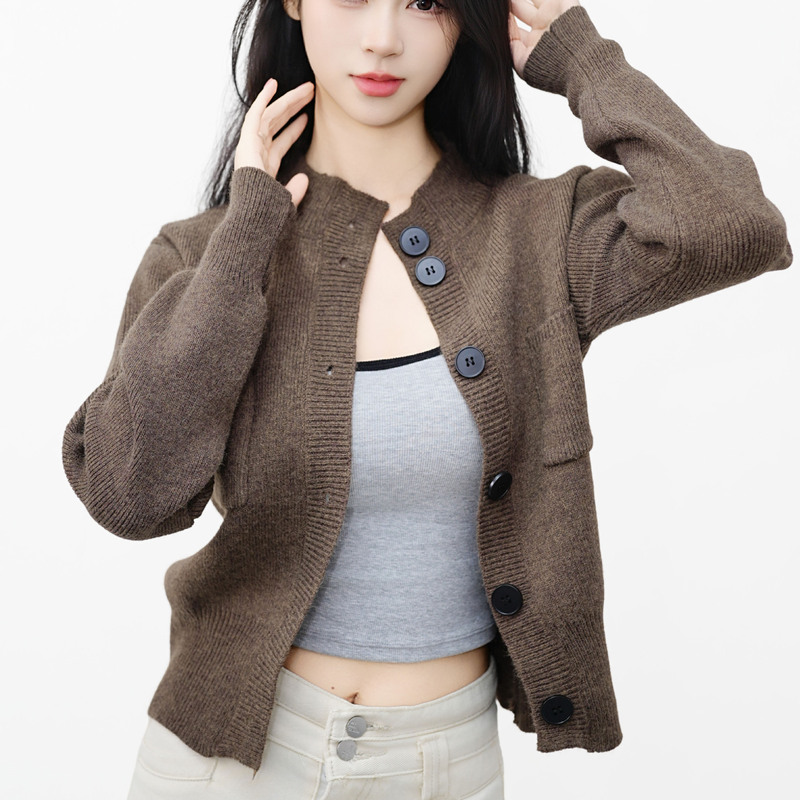 Japanese-Style Short Petite Sweater Women's Coat Early Autumn New Slim-Fit Half-High Collar Pocket Knit Cardigan