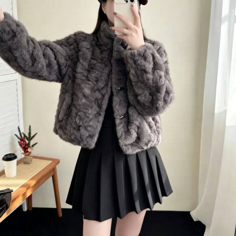 Áo khoác lông giả chồn cổ đứng cài khuy sừng, dáng rộng tôn dáng, dày dặn mùa thu đông — Màu be [lót lông], Màu be sữa [lót lông], Màu gạo cống [lót lông], Màu hồng da [lót lông] chi tiết 2