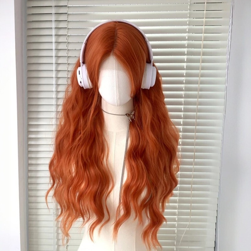 [Mereda Sunset Orange] California Hot Girl Forehead Lace Universal Cos Wave Orange Long Curly Hair Headgear