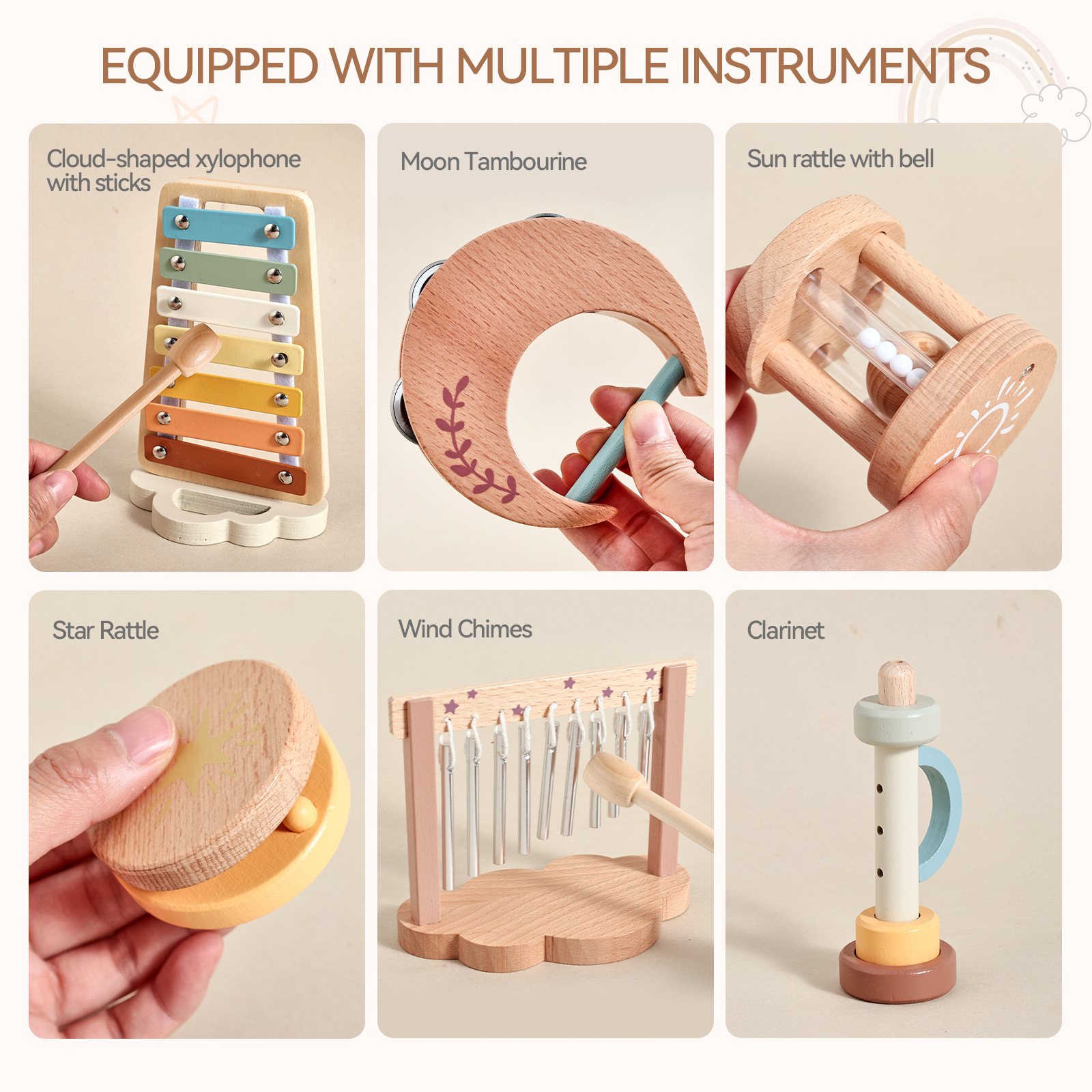 Orff Instrumentos musicales Juego de 6 piezas Educación temprana para bebés Ejercicio de escucha Alaciamiento de madera Tocar campanillas Juguetes musicales para niños