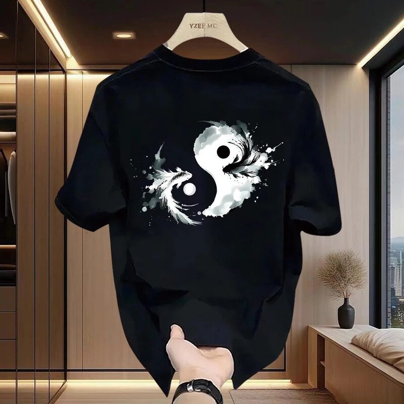 Summer New Heavyweight Short-Sleeve T-Shirt for Men with Chinese Style Tai Chi Fish Print, Loose Round-Neck Ins-Style Top for Young People Summer New Heavyweight Short-Sleeve T-Shirt for Men with Chinese Style Tai Chi Fish Print, Loose Round-Neck Ins-Style Top for Young People